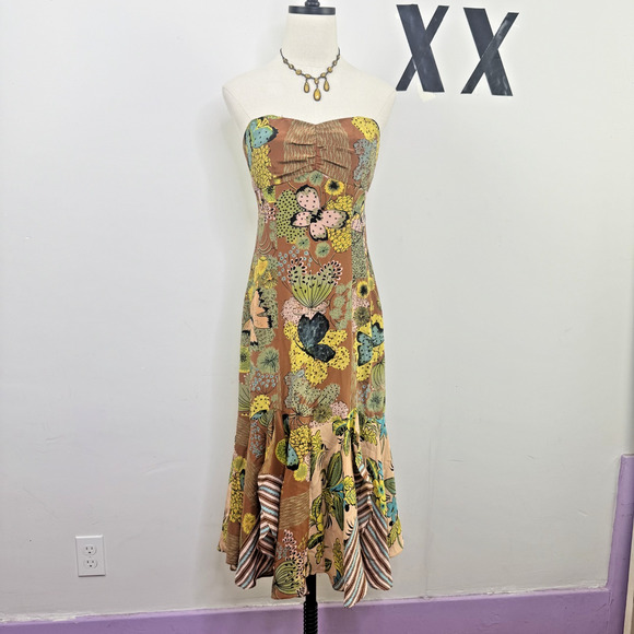 Nanette Lepore Dresses & Skirts - Vintage Y2K Nanette Lepore 100% Silk Floral Strapless Dress Ruffle Fairy 2